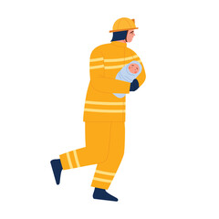 A courageous and heroic firefighter wearing bright yellow gear is running urgently to save a child in distress