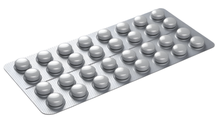 Silver blister pack of pills isolated on transparent background