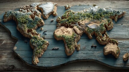 World map depicting environmental conservation and globalization concept with land covered in forests and water bodies showing a healthy planet