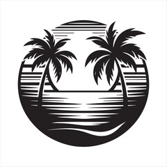 Retro sunset tropical vector silhouette clip art logo design concept illustration