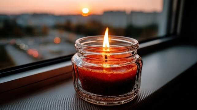 A lit red candle in a glass jar sits on a windowsill at dusk. Outside, the sun sets over a cityscape. Lights from vehicles twinkle in the distance