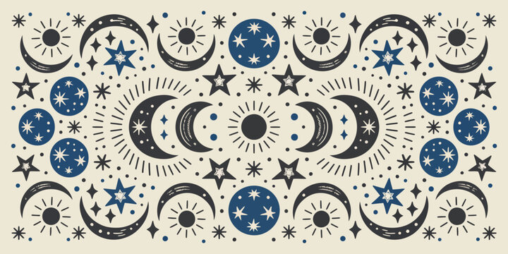 Minimal Celestial Background with Stars, Moons, and Sun Symbols in Soft Blue and Grey Palette, Vector Pattern