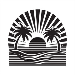 Retro sunset tropical vector silhouette clip art logo design concept illustration