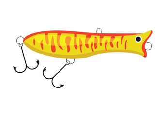 A vibrant fishing lure in yellow and red, expertly designed to attract fish with treble hooks for better catch rates