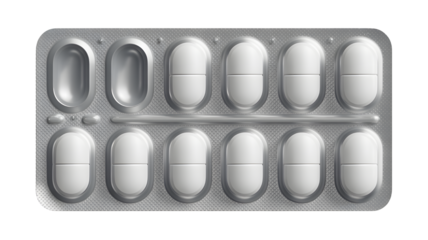 Blister pack with white oval pills isolated on transparent background