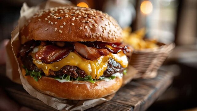 mano ense&ntilde;ando hamburguesa grande completa con bacon , queso, carne de vacuno y lechuga sobre fondo de restaurante borroso