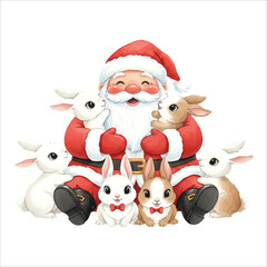 Santa Claus with a happy rabbit family, cute Christmas watercolor illustration on white background
