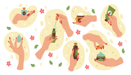 Beauty products set, hygiene routine. Skin care, wellness of person, cleansing of face. Personal care at home. Daily routine. Hand hold cleansing with water, cream tube. Vector tidy illustration