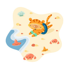 Cute cartoon tiger in diving mask and inflatable ring running along the beach. Animal character on vacation. Summer childish illustration for cards, posters, print for T shirt.