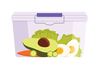 A vibrant meal prep container brimming with an array of healthy ingredients such as avocado, eggs, and fresh vegetables