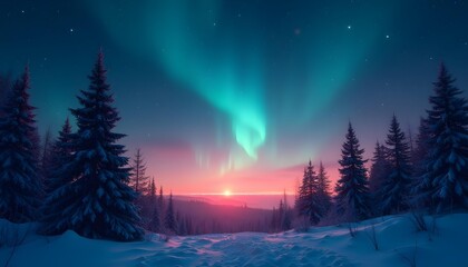 Under a deep indigo winter night sky, countless bright stars twinkle. Dark, sharp silhouettes of pine trees stand against the horizon. Ethereal aurora borealis in shades of emerald and violet paints 