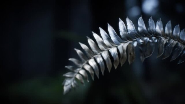 A close-up shot of a silver leaf branch against a dark, blurred background