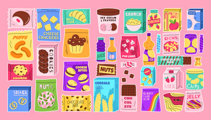 Food snack package. Candy wrap. Chocolate bars in grocery packaging. Biscuit cake packet. Drink can. Brand design wrappers. Tasty fastfood pack. Vending machine merchandise. Vector sweet garish set