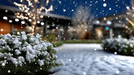 Snow lightly falls on a street with bushes and trees. Houses with lights are in the background. It is nighttime during Winter
