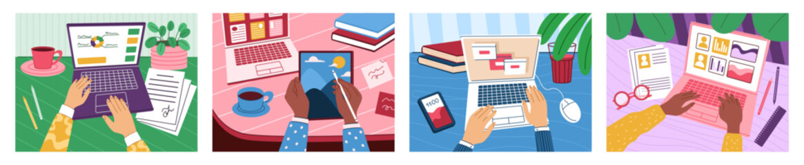 Laptop with hand. Computer screen at desk. Work in space, keyboard and pen. Home office with monitor notebook drawing. Workplace online. Fingers on buttons. Vector cartoon garish isolated illustration