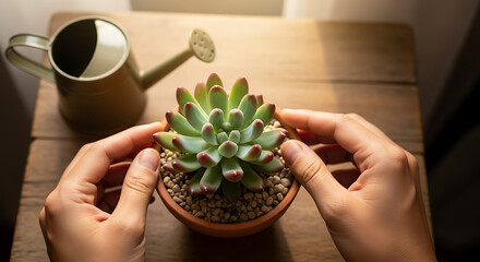 Hands tending to a small succulent plant in a terracotta pot