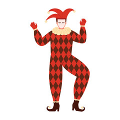 A vibrant jester character joyfully showcases a variety of playful and lively dance moves in a classic harlequin outfit