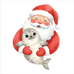 Santa Claus hugging an adorable baby seal in a heartwarming Christmas moment, watercolor illustration isolated on white background
