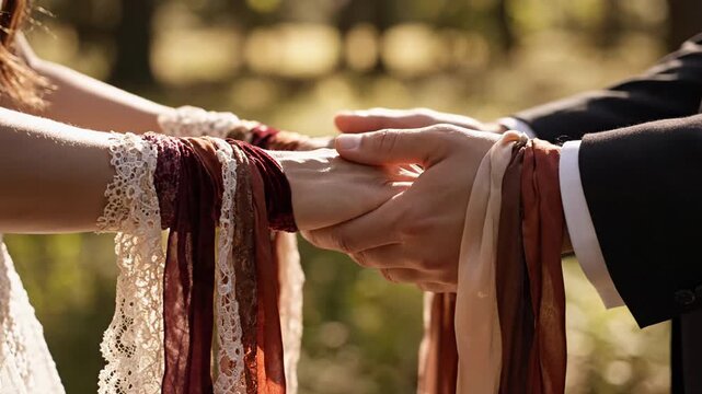 Celtic Handfasting Closeup &mdash; Romantic Tied Hands in Natural Forest Setting