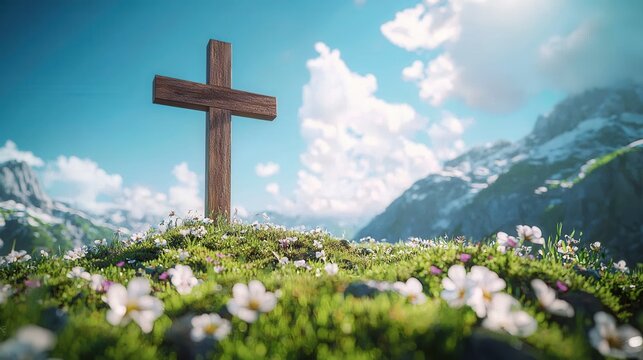 A wooden cross stands atop a grassy hill covered with white flowers