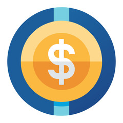 Stylized dollar coin icon with a blue outer ring isolated on white background