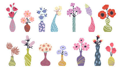 Flower doodle. Natural arrangement in vase. Botanical design, vintage hand drawn element. Abstract floral decoration. Cute rose and tulips, retro colorful pottery. Vector flat style isolated texture