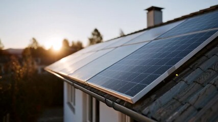 Sunset over rooftop solar panels, showcasing sustainable energy solutions, perfect for Earth Day awareness, eco-friendly technology in urban setting