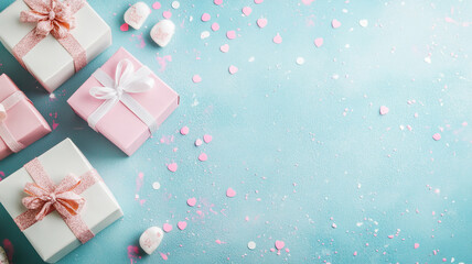 Fototapeta premium Pastel blue background framed by white/pink gift boxes, heart confetti, and painted splatter for Valentine's Day or love themes