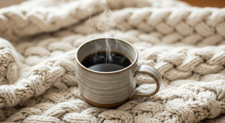 Steaming hot coffee in ceramic mug resting on cozy knit blanket