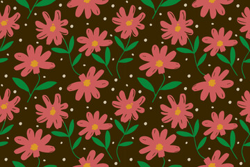 Playful pink hand-drawn flowers with green leaves on a dark brown background, creating a lively, modern floral pattern accented with soft dotted details.