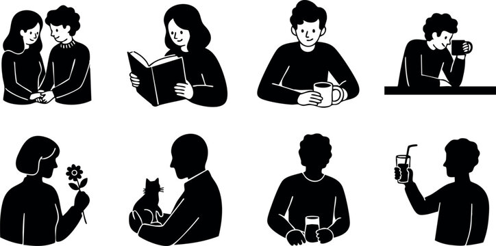 People drinking coffee reading book socializing with pets black silhouette vector illustration
