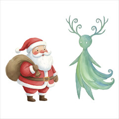 Santa Claus meeting a luminous forest spirit in a peaceful magical Christmas scene, watercolor illustration isolated on white background
