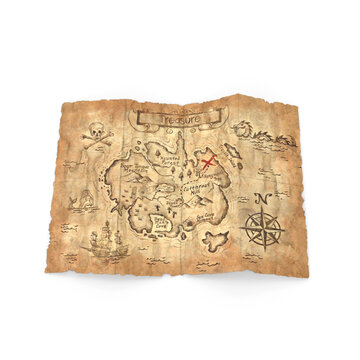 Vintage treasure map with brown parchment texture on transparent background