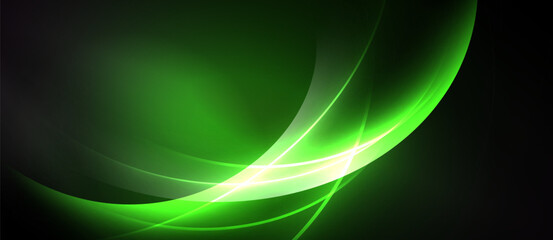 Abstract green light curves flow across dark background. Smooth gradients create dynamic visual effect. Modern design element.