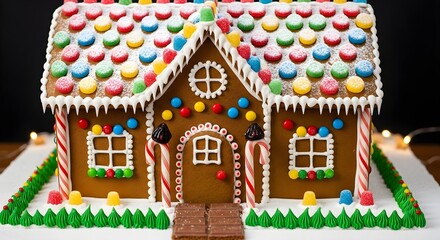 Decorated gingerbread house with colorful candies and icing isolated