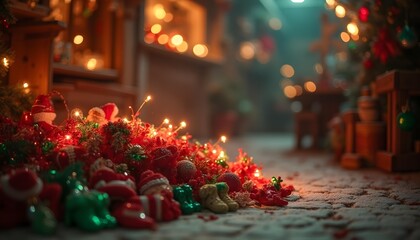 A child's eye view inside Santa's workshop, soft-focus on a pile of brightly colored toys, magical shimmering lights, a vibrant red and green palette, evoking a dreamy, enchanting atmosphere, perfect 