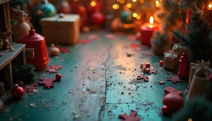 A child's eye view inside Santa's workshop, soft-focus on a pile of brightly colored toys, magical shimmering lights, a vibrant red and green palette, evoking a dreamy, enchanting atmosphere, perfect 