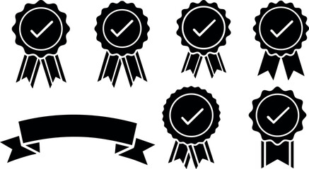 Award ribbons with checkmark icons and blank banner vector illustration set collection design