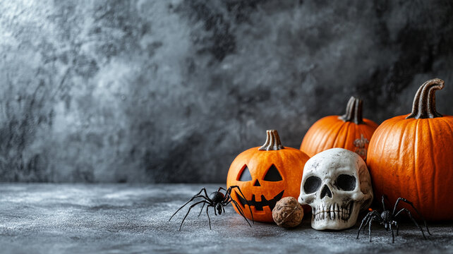 Spooky Halloween scene: glowing jack-o'-lanterns, skull, and spiders on a concrete background with copy space for text.