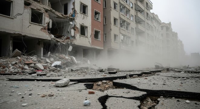 A scene of profound urban devastation following a major incident, with extensively damaged buildings, fractured pavements, and a persistent dust cloud, illustrating widespread ruin