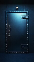 Obraz premium A heavy dark metal hatch with visible rivets and a locking mechanism illuminated by a single light