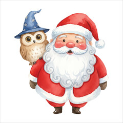 Santa Claus with a wise wizard owl companion, magical Christmas illustration isolated on white background
