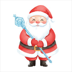 Santa Claus holding an icy crystal staff in a magical winter Christmas scene, watercolor illustration isolated on white background

