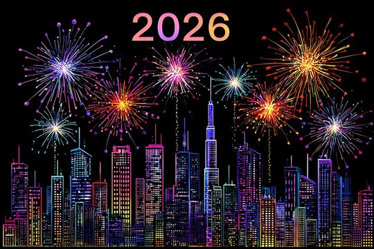 Vibrant fireworks illuminate a futuristic cityscape under the year 2026