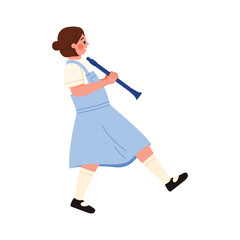Illustration depicts a young girl who is joyfully playing a vibrant blue musical instrument while walking along