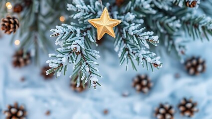 Christmas star on snowy fir branch with pine cones and lights for a festive winter holiday season