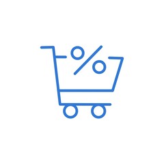Discounts with purchases, linear style icon. Percent sign and shopping cart on white background.