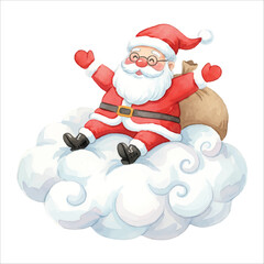 Santa Claus riding a fluffy magic cloud in a whimsical Christmas scene, watercolor illustration isolated on white background
