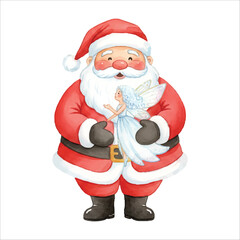 Santa Claus holding a delicate snow fairy in a soft winter Christmas scene, watercolor illustration isolated on white background
