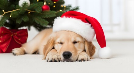 Golden retriever puppy wearing santa hat relaxing by christmas tree